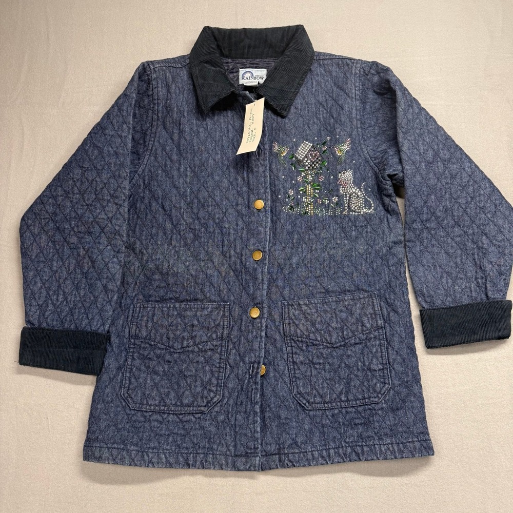 Rainbow Quilted Denim Jacket Rhinestone Cat Snap Front Corduroy Collar Women